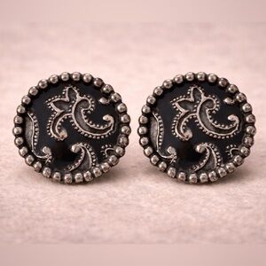 Vintage BERGERE Signed Black & Silver Tone Ornate Stud Earrings